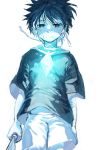  1boy absurdres bandage black_eyes black_hair commentary commentary_request diamond glowing highres kamijou_touma knife light male_focus spiky_hair to_aru_majutsu_no_index undertale untit younger 