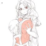  1girl breast_grab breast_hold breasts chiyoshi_(sevendw) deep_skin female grabbing hood impossible_clothes kumoi_ichirin large_breasts limited_palette monochrome red_eyes solo touhou white_background 
