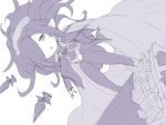  1girl :o cape female granblue_fantasy hair_over_one_eye harbin highres instrument long_hair monochrome nio_(granblue_fantasy) open_mouth pointy_ears purple seedflare simple_background sketch solo thigh-highs white_background 