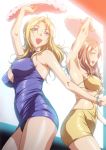  2girls arm_up blonde_hair blue_eyes brown_hair character_request closed_eyes dress erect_nipples fan highres holding kamimura_akiko kouzaka_kouhei long_hair mature multiple_girls o-ring official_art open_mouth sisters_~natsu_no_saigo_no_hi~ sleeveless sweat sweating tight_dress 