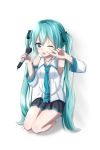  akira_(been0328) blue_eyes blue_hair hatsune_miku holding microphone necktie one_eye_closed open_mouth sitting skirt twintails vocaloid 