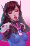  1girl bangs bodysuit breasts brown_eyes brown_hair bunny_print candy d.va_(overwatch) eyelashes facial_mark food_in_mouth gradient gradient_background headphones highres lollipop long_hair looking_at_viewer medium_breasts mouth_hold overwatch pilot_suit pink_background sae_(revirth) solo upper_body whisker_markings 