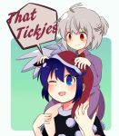  2girls :3 ;d ahoge animal_ears blue_eyes blue_hair blush bow bowtie brooch buna_shimeji_(keymush) carrying doremy_sweet dress engrish extra_ears half_updo hat jewelry kishin_sagume multiple_girls nightcap no_jacket one_eye_closed open_mouth piggyback playing_with_another&#039;s_ears ranguage red_eyes shoulder_carry silver_hair single_wing smile tapir_ears touhou typo wings younger 