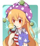  1girl :o american_flag_dress blonde_hair blush buna_shimeji_(keymush) clownpiece d: dress dropping fairy_wings food hat ice_cream ice_cream_cone jester_cap long_hair open_mouth red_eyes ringed_eyes solo touhou very_long_hair wings 