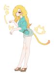  1boy androgynous bare_legs blonde_hair body_blush cat_tail drill_hair eyelashes feet flat_color full_body hair_over_one_eye hari_(artist) high_heels long_hair looking_at_viewer male_focus maraich_juschenfe open_mouth patalliro! paw_pose pink_eyes sandals simple_background solo tail toes wavy_hair white_background 