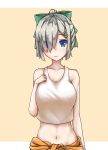  1girl alternate_costume alternate_hairstyle arm_at_side bare_arms blue_eyes breasts clothes_around_waist collarbone erect_nipples eyes_visible_through_hair groin hair_ribbon hamakaze_(kantai_collection) hand_on_own_chest highres kantai_collection large_breasts looking_at_viewer midriff navel nezirinko ponytail ribbon see-through shirt short_hair silver_hair smile solo tank_top upper_body white_shirt yuubari_(kantai_collection) yuubari_(kantai_collection)_(cosplay) 