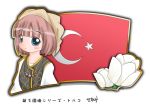  1girl blue_eyes brown_hair flag murakami_senami tulip turkey_(country) turkish_flag 