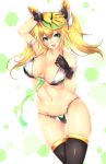  1girl adapted_costume bare_shoulders black_gloves black_legwear blonde_hair blush breasts cleavage cowboy_shot fang frofrofrost gene_(pso2) gloves green_eyes green_hair halter_top halterneck hand_on_head highres large_breasts long_hair looking_at_viewer multicolored_bikini multicolored_hair navel open_mouth outstretched_hand phantasy_star phantasy_star_online_2 sideboob smile solo streaked_hair swimsuit thigh-highs thighs two-tone_hair 