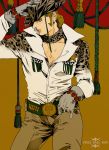  1boy belt_buckle buckle copyright_name cowboy_hat cowboy_shot gloves grey_gloves hand_on_own_head hat jojo_no_kimyou_na_bouken leopard_print light_brown_hair looking_to_the_side male_focus mountain_tim shaapu solo star steel_ball_run tiger_print 