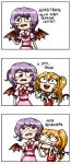  2girls 3koma blonde_hair comic demon_wings flandre_scarlet hat hat_removed headwear_removed highres moonywitcher multiple_girls red_eyes remilia_scarlet russian short_hair touhou translated wings 