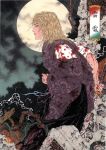  1boy blonde_hair blood closed_mouth floral_print from_side hakama half-closed_eyes japanese_clothes katana looking_away male_focus metal_gear_(series) moon night profile raiden solo sword traditional_clothes yamamoto_takato 