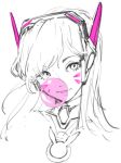  1girl bangs bodysuit bubble_blowing bubblegum bunny_print d.va_(overwatch) eyebrows eyebrows_visible_through_hair face facepaint facial_mark female gum headphones high_collar long_hair monochrome mwo_imma_hwag overwatch pilot_suit ribbed_bodysuit solo spot_color turtleneck whisker_markings white_background 