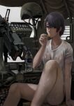  1girl ass black_eyes black_hair bottle breasts gun headwear_removed helmet helmet_removed highres jewelry jittsu looking_at_viewer military naked_shirt necklace original popsicle see-through shirt short_hair sitting smile solo sweat sweating sweating_profusely weapon wet wet_clothes 