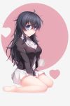  1girl ahoge bare_legs barefoot black_hair black_legwear blue_eyes blush breasts convenient_leg cup heart highres large_breasts long_hair looking_at_viewer netoge_no_yome_wa_onna_no_ko_janai_to_omotta? no_shoes sitting smile solo sweater_vest tamaki_ako thigh-highs 