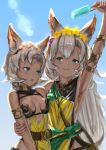  2girls animal_ears aqua_eyes armlet bare_shoulders bloom breast_press breasts cat_ears chromatic_aberration cleavage dark_skin dress erun_(granblue_fantasy) flower granblue_fantasy grey_hair hair_flower hair_ornament hand_on_another&#039;s_arm holding lens_flare long_hair looking_at_another melleau multiple_girls nemone norape_(w0lpeexe) open_mouth popsicle short_hair siblings sideboob sisters sweat 