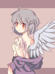  1girl ahoge amputee back bare_shoulders blush body_blush buna_shimeji_(keymush) flying_sweatdrops from_behind half_updo kishin_sagume light_smile looking_at_viewer no_nipples red_eyes scar short_hair shoulder_tattoo silver_hair single_wing smile solo tattoo topless touhou undressing wings 