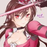  &gt;:&gt; 1girl 2016 artist_name breasts brown_hair character_name choker cleavage grey_background long_hair louize_(sennen_sensou_aigis) lowres miniru red_eyes sennen_sensou_aigis smile solo sword tiara upper_body weapon 