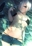  1girl alternate_costume aqua_eyes arm_at_side bikini bikini_top black_bikini breasts breasts_apart collarbone denim denim_shorts eyes_visible_through_hair from_above groin hair_ornament hair_over_one_eye hairclip hamakaze_(kantai_collection) highres kantai_collection large_breasts looking_at_viewer lying on_back partially_submerged rerrere short_hair shorts silver_hair solo swimsuit under_boob untied untied_bikini untying water 