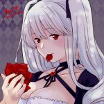  1girl 2016 argyle argyle_background artist_name breasts character_name cleavage fang flower hair_ribbon halterneck karma_(sennen_sensou_aigis) long_hair lowres miniru nail_polish petals red_eyes ribbon rose rose_petals sennen_sensou_aigis solo two_side_up upper_body white_hair 