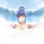  1girl :o absurdres alternate_breast_size blue_hair blush breasts closed_eyes collarbone eyebrows_visible_through_hair hair_bun hair_ornament hair_scrunchie highres medium_breasts onsen open_mouth outdoors outstretched_arms partially_submerged rock scrunchie shima_rin sitting solo spread_arms steam take_mawile water yurucamp 