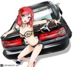  1girl bikini blush breasts car cleavage flower ground_vehicle hair_flower hair_ornament highres jewelry looking_at_viewer love_live! love_live!_school_idol_project modeling motor_vehicle navel necklace nishikino_maki open_mouth redhead short_hair smile solo steering_wheel sweeter_(h110111) swimsuit toyota toyota_supra violet_eyes 