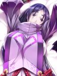  1girl arms_up breasts eyebrows fate/grand_order fate_(series) hagure_neko highres japanese_clothes large_breasts lying minamoto_no_yorimitsu_(fate/grand_order) on_back purple_hair solo violet_eyes 