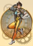  1girl bangs bodysuit bomber_jacket breasts brown_eyes brown_hair character_name clothes_writing cross-laced_footwear from_side full_body gears gloves glowing goggles hand_on_hip jacket leg_up looking_at_viewer medium_breasts overwatch roman_numerals sae_(revirth) salute shoes short_hair smile solo thigh_strap tracer_(overwatch) two-finger_salute white_shoes yellow_background 