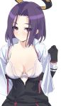  1girl black_gloves bra breasts brown_eyes cleavage commentary_request eyebrows gloves kantai_collection looking_at_viewer mechanical_halo medium_breasts purple_hair school_uniform short_hair simple_background solo tatsuta_(kantai_collection) underwear undressing white_background white_bra yahako 