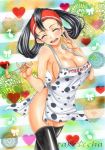  1girl apron artist_name black_hair black_legwear blush breasts chopsticks cleavage closed_eyes large_breasts marker_(medium) mole mother_gsc_(pokemon) musical_note naked_apron open_mouth pokemon smile solo takecha thigh-highs traditional_media 