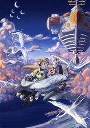  00s 2girls absurdres ahoge airship bird blue_eyes bomber_jacket brown_hair clouds crescent_moon fam_fan_fan flying fur_trim giselle_collette_vingt gloves goggles goggles_on_head green_eyes gun headset highres jacket last_exile last_exile:_gin&#039;yoku_no_fam moon mountain multiple_girls ocean open_mouth scenery short_hair sky smile turret uniform vanship weapon white_hair yotarou_(yotaro48) 