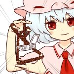  1girl ascot batta_(ijigen_debris) blush doyagao hat looking_at_viewer mob_cap nattou remilia_scarlet short_sleeves simple_background smug solo string_play_spider_baby touhou wrist_cuffs 