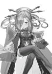  1girl chromatic_aberration floating granblue_fantasy greyscale hair_ornament hair_over_one_eye hair_stick harbin legs_crossed long_hair long_sleeves monochrome navel navel_cutout nio_(granblue_fantasy) norape_(w0lpeexe) open_mouth pointy_ears simple_background sketch solo thigh-highs white_background wide_sleeves 