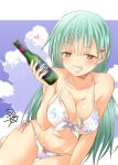  1girl aqua_eyes aqua_hair bangs bare_arms beer_bottle bikini bottle bow bow_bikini breasts cleavage clouds cloudy_sky dog_tags eyebrows eyebrows_visible_through_hair front-tie_bikini front-tie_top gluteal_fold hair_between_eyes hair_ornament hairclip heart heart_hair_ornament holding kantai_collection large_breasts letterboxed long_hair navel outside_border print_bikini red_bow shade side-tie_bikini signature sky solo stomach string_bikini suzuya_(kantai_collection) sweat swimsuit thigh_gap white_bikini white_border yua_(checkmate) 