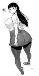  1girl :o ? ass breasts highres large_breasts long_hair monochrome original pantyhose parted_lips simple_background skirt solo spoken_question_mark synecdoche thick_thighs thighs white_background 