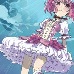  1girl bow bubble_skirt choker crying crying_with_eyes_open hair_bow kaname_madoka magical_girl mahou_shoujo_madoka_magica pink_bow pink_eyes pink_hair puffy_short_sleeves puffy_sleeves rain school_uniform short_sleeves short_twintails skirt solo soul_gem tears tohroh twintails white_legwear 