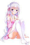  1girl arm_at_side bangs bare_shoulders blush breasts cleavage crystal dress dress_lift elf emilia_(re:zero) eyebrows eyebrows_visible_through_hair flower full_body garter_straps hair_flower hair_ornament highres knees_up long_hair looking_at_viewer looking_to_the_side multi-tied_hair no_shoes panties pantyshot parted_lips pink_dress pink_ribbon pointy_ears re:zero_kara_hajimeru_isekai_seikatsu red_flower ribbon shiny shiny_skin short_dress shoulder_cutout silver_hair sitting smile solo thigh-highs underwear very_long_hair violet_eyes white_flower white_legwear wide_sleeves yagami-all_hail_nanao 