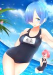  2girls absurdres adjusting_clothes adjusting_swimsuit akky_(akimi1127) bare_arms black_swimsuit blue_eyes blue_hair blue_sky blush breast_envy breast_suppress breasts character_name clouds condensation_trail cowboy_shot dripping dutch_angle eyelashes hair_ornament hair_over_one_eye hairclip highres leaf light_rays looking_at_another looking_at_viewer md5_mismatch medium_breasts multiple_girls name_tag ocean one-piece_swimsuit one_eye_covered outdoors palm_tree parted_lips pink_hair ram_(re:zero) re:zero_kara_hajimeru_isekai_seikatsu rem_(re:zero) school_swimsuit short_hair siblings sisters sky small_breasts swimsuit thigh_gap tree twins wading water_drop wet x_hair_ornament 