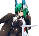  1girl bodysuit borrowed_character breasts eating fingerless_gloves gloves green_hair headgear holding_plate kamen_no_hito long_hair medium_breasts menou_kaname one_eye_closed original plate sidelocks simple_background solo tongue tongue_out upper_body violet_eyes white_background 