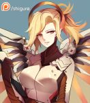  1girl artist_name blonde_hair blue_background blue_eyes bodysuit breasts gradient gradient_background high_ponytail holding_staff large_breasts long_hair looking_at_viewer mechanical_halo mechanical_wings mercy_(overwatch) overwatch parted_lips patreon shiguru solo spread_wings staff upper_body wings yellow_background 
