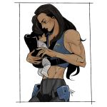  2girls ana_(overwatch) baby black_hair crop_top dark_skin female jewelry marceline2174 midriff mother_and_daughter multiple_girls muscle overwatch pants pharah_(overwatch) red_eyes ring toned wedding_band 