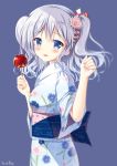  1girl artist_name blue_eyes blush candy_apple commentary_request flower food hair_flower hair_ornament holding japanese_clothes kantai_collection kashima_(kantai_collection) kimono long_hair looking_at_viewer open_mouth sash sidelocks silver_hair simple_background smile solo sousouman tsurime twintails wavy_hair yukata 