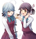  2girls :d ahoge aqua_bow aqua_neckwear black_hair blush bow bowtie braid brown_eyes cookie dress food hair_ribbon hamanami_(kantai_collection) hayanami_(kantai_collection) holding holding_food ittokyu kantai_collection long_hair long_sleeves multiple_girls open_mouth ponytail purple_dress ribbon shirt short_hair signature silver_hair simple_background single_braid sleeveless sleeveless_dress smile white_background white_ribbon white_shirt 