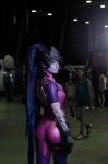  3boys 3girls ass back blue_hair bodysuit cosplay from_behind helmet incosplay jannet_vinogradova latex light looking_at_viewer multiple_boys multiple_girls overwatch ponytail widowmaker_(overwatch) 