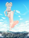  1girl barefoot bra city cleavage clouds feet giantess idolmaster idolmaster_cinderella_girls jougasaki_rika lodain long_hair shiny shiny_hair shiny_skin sky underwear very_long_hair 