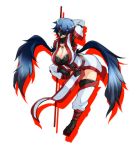  1girl :d arm_garter black_legwear black_wings blue_hair breasts cleavage cleavage_cutout detached_sleeves full_body japanese_clothes kamen_no_hito large_breasts leotard looking_at_viewer mask open_mouth original pelvic_curtain short_hair skin_tight smile solo stick tengu_mask thigh-highs wings 