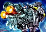  1boy 90s arm_cannon banana beast_wars cannon food fruit glowing glowing_eyes gorilla hands holding holding_fruit kamizono_(spookyhouse) machine machinery maximal mecha no_humans oldschool open_mouth optimus_primal red_eyes robot science_fiction solo teeth transformers upper_body weapon 
