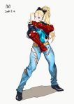  1girl absurdres alternate_costume alternate_hairstyle blue_eyes bodysuit cammy_white commentary_request denim dog_tags fingerless_gloves gauntlets gloves hako_(mypixid) highres jacket jeans no_hat pants ponytail scar solo street_fighter torn_clothes torn_jeans 
