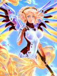  1girl blonde_hair blue_eyes bodysuit breasts commentary high_ponytail highres lips long_hair mechanical_halo mechanical_wings mercy_(overwatch) overwatch pantyhose petals solo staff taiss14 wings 