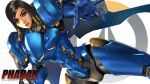  1girl armor artist_name bangs black_hair brown_eyes character_name dark_skin dutch_angle eyeliner facial_mark facial_tattoo gauntlets highres logo looking_at_viewer makeup outstretched_arm overwatch parted_lips pharah_(overwatch) power_armor red_lips solo sunkilow tattoo wallpaper white_background 