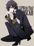 1boy androgynous black_eyes black_hair boots buttons character_name closed_mouth collared_shirt copyright_name eyelashes full_body gloves head_rest high_heel_boots high_heels kneeling lips lupin_iii male_focus oscar_(lupin) simple_background solo uma_(i-boh) wavy_hair 
